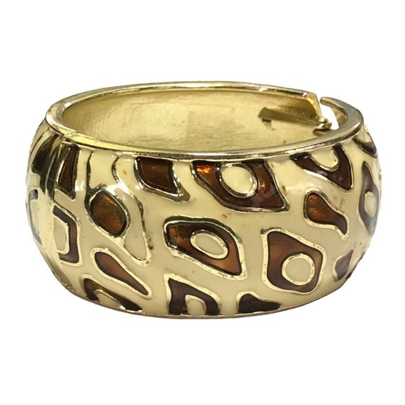 Wide Chunky Cheetah Leopard Enamel Gold Tone Metal Clamper Bracelet Brown Ivory - Picture 3 of 5